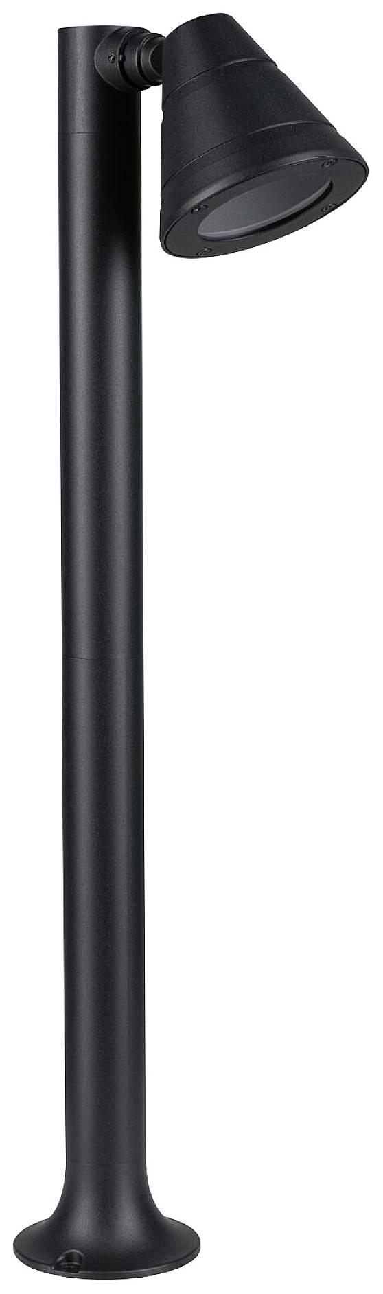 Een zwarte buitenlamp met een verstelbare kop, gemonteerd op een slanke, hoge paal, geschikt voor tuinverlichting.