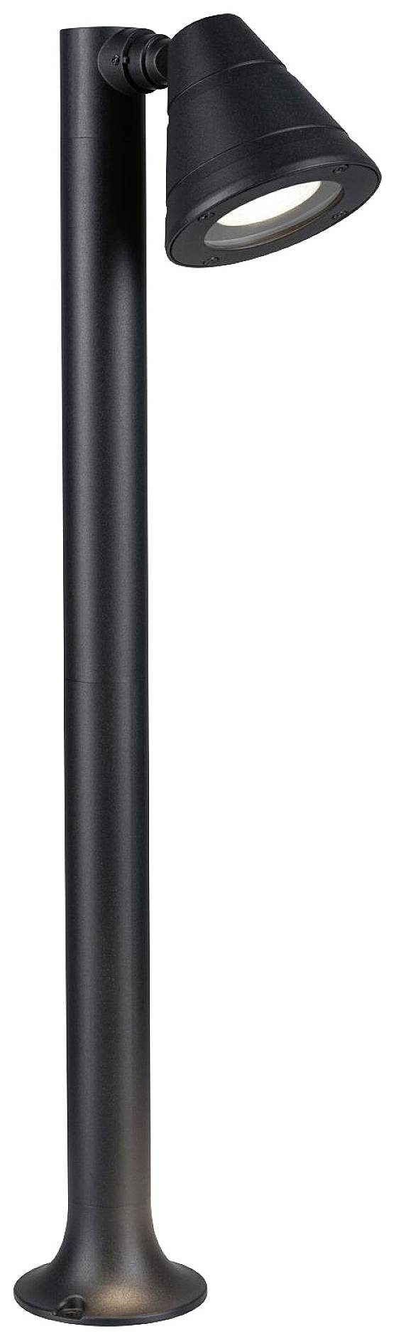 Een zwarte, moderne tuinlamp met een slanke, hoge paal en een naar beneden gerichte schijnwerperkop.