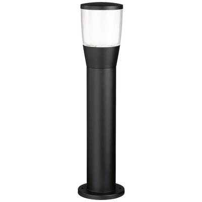 Een zwarte, moderne staande lamp met een cilindrische voet en een heldere kap. Ideaal voor buitenruimtes zoals tuinpaden of terrassen.