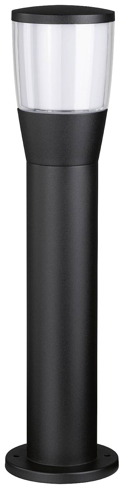 Zwarte sokkellamp met een heldere lampenkap op een rond voetstuk. Geschikt voor buitengebruik voor het verlichten van paden.