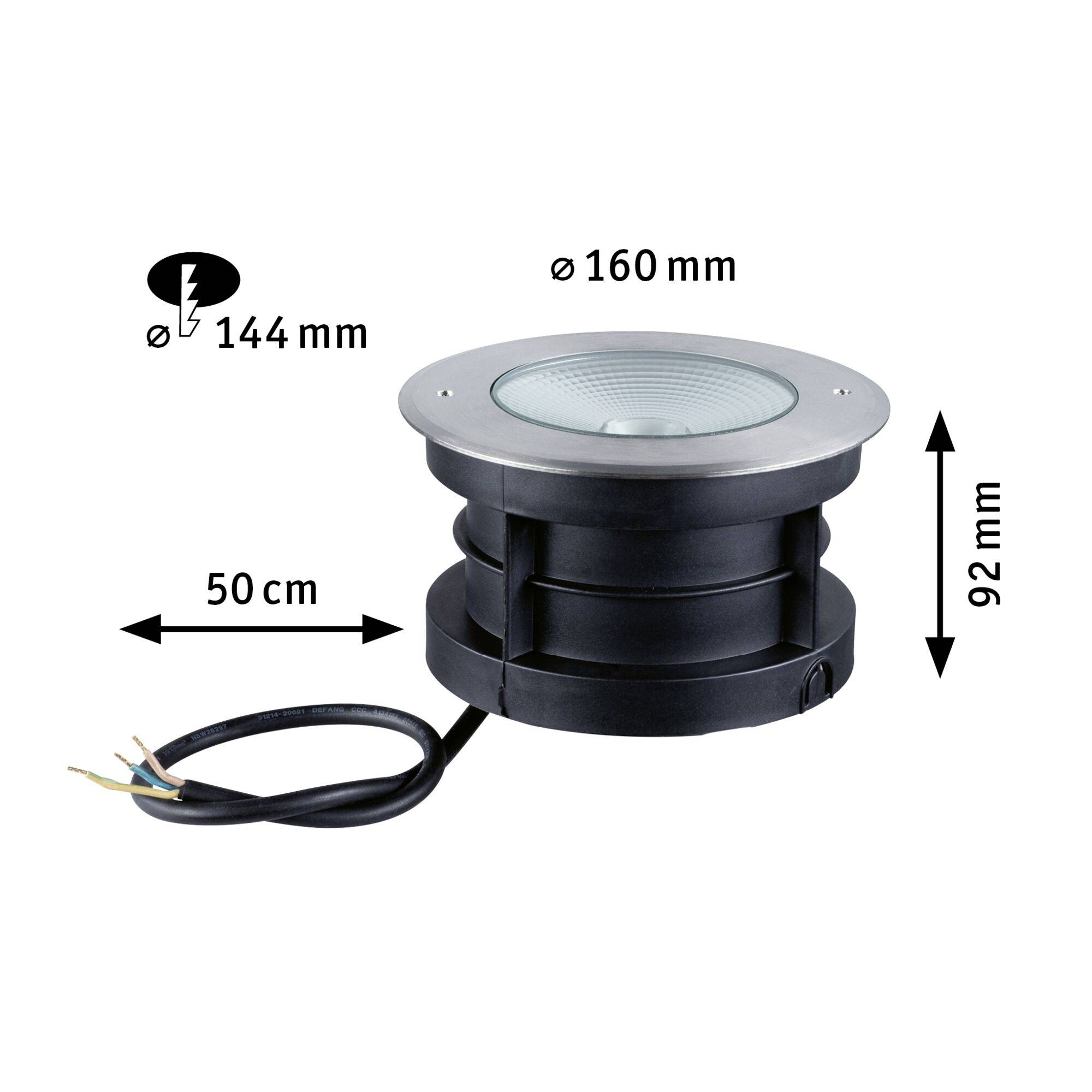 Grondspot met een diameter van 160 mm en een hoogte van 92 mm. Kabel met een lengte van 50 cm, geschikt voor vaste installatie.