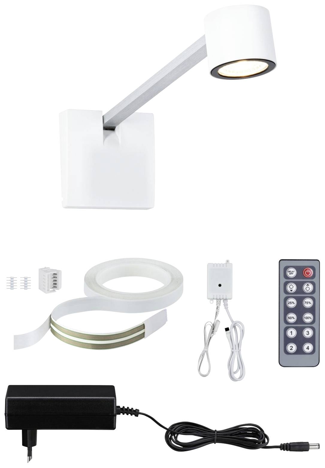 LED-lamp met wandbevestiging, afstandsbediening, voedingsadapter en LED-strip. Set voor verlichtingsoplossing.