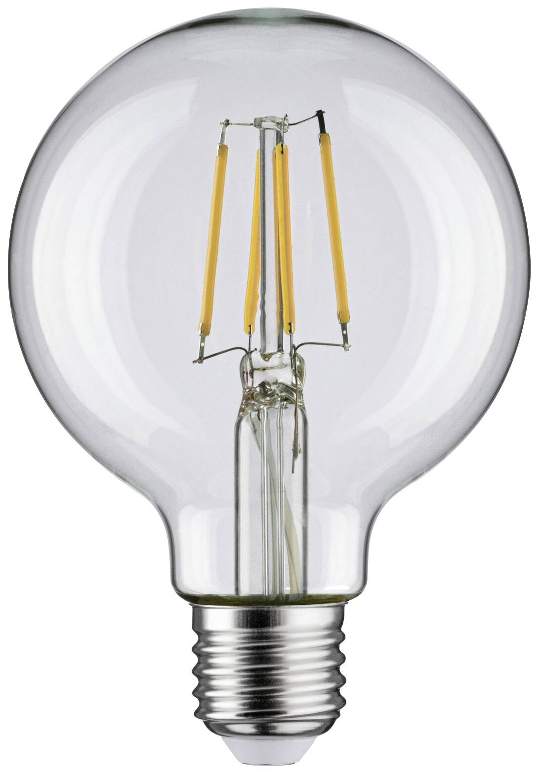 Gloeilamp met zichtbare filamenten, gewelfd glas, zilveren voet, helder schijnend.