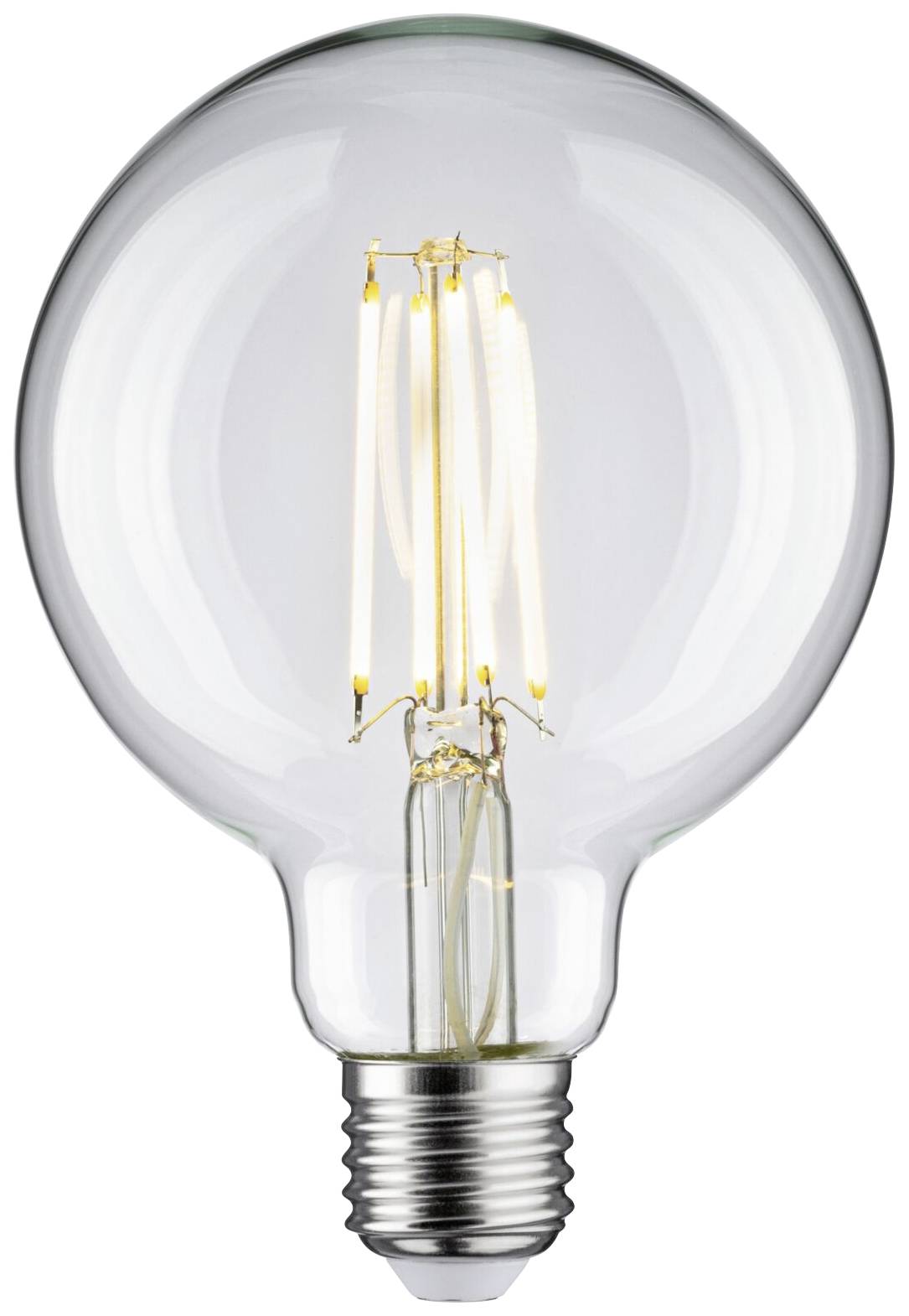 Een heldere gloeilamp toont zichtbare filamenten en een zilveren fitting, symboliseert een klassieke verlichtingsbron.