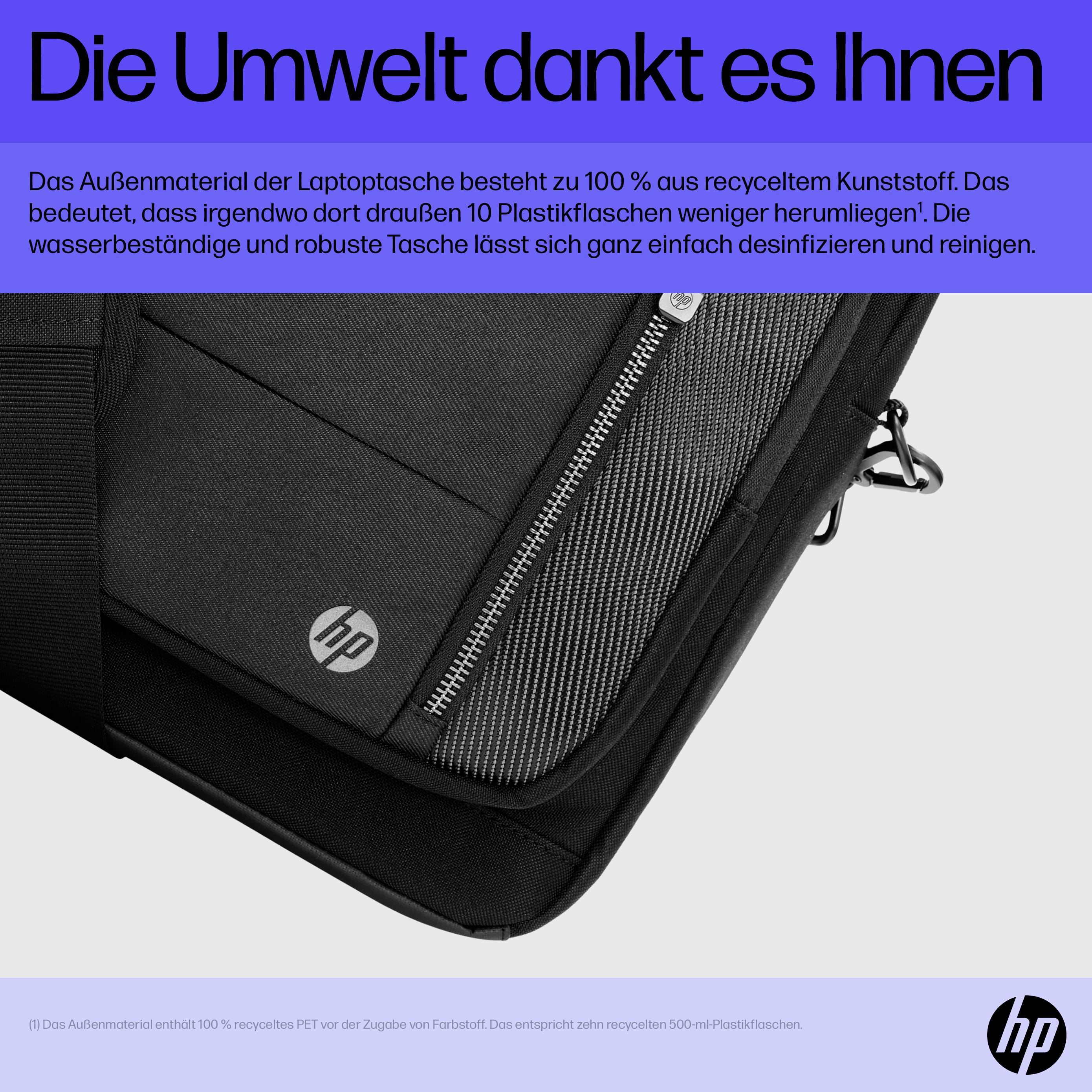 'De natuur dankt u' staat bovenaan in witte tekst op een paarse achtergrond. Het onderste deel toont een zwarte HP-laptoptas gemaakt van gerecycled plastic.
