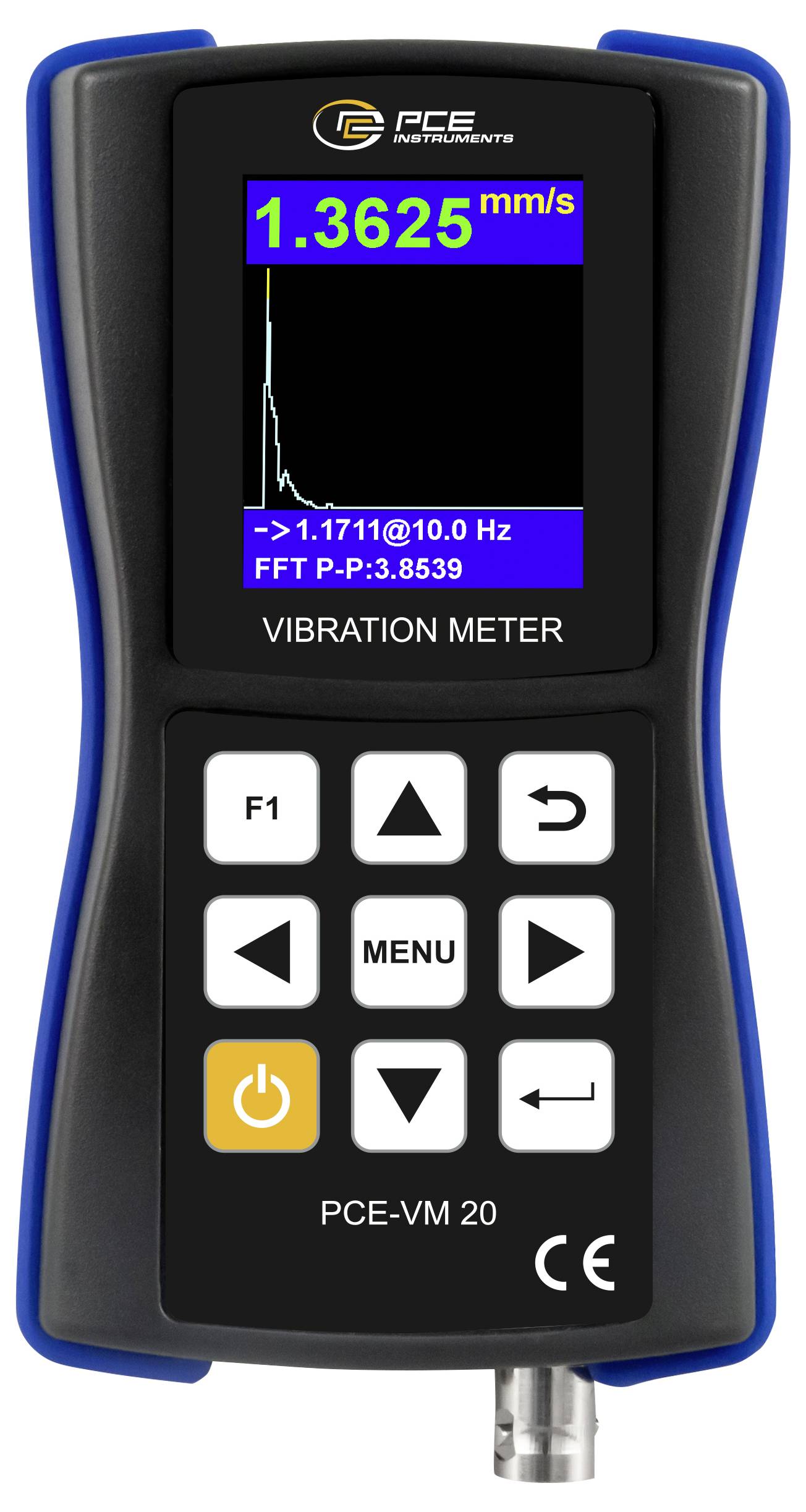 Draagbare PCE VM 20 trillingmeter die een live-meting van 1,3625 mm/s weergeeft met een FFT-grafiek op het scherm.
