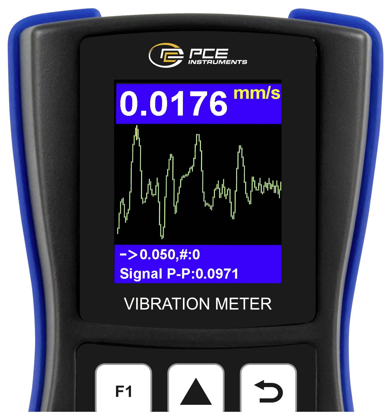 Draagbare trillingmeter display met een waarde van 0,0176 mm/s met een live golfvorm en 'Signal P-P: 0,0971' aflezeling.