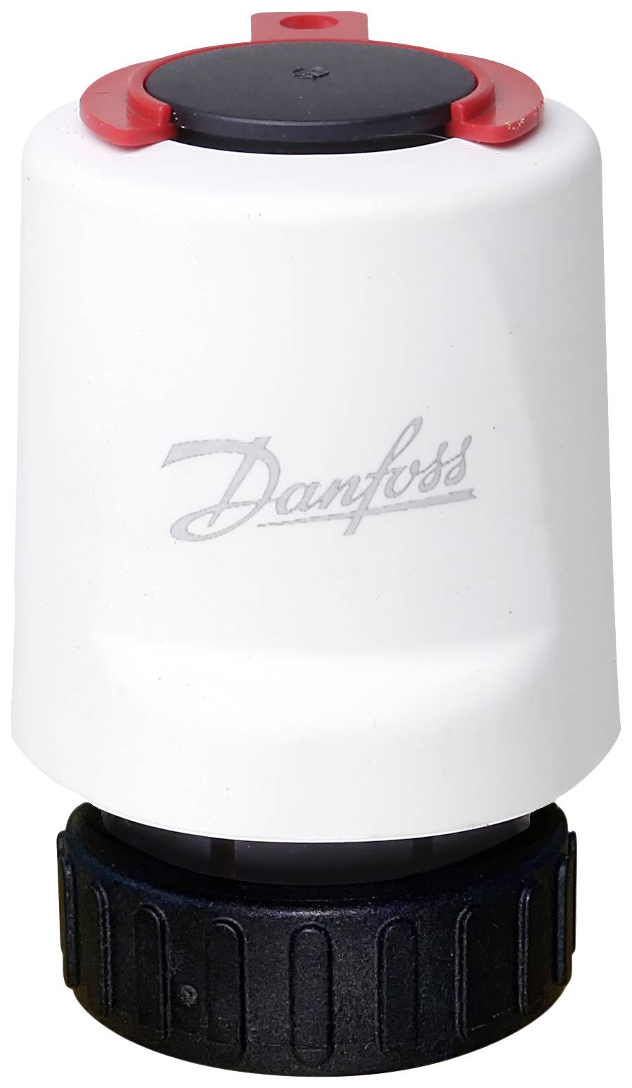 Witte elektrische aandrijving van Danfoss, met rood en zwart detail, gebruikt voor de regeling van verwarmings- en koelsystemen.