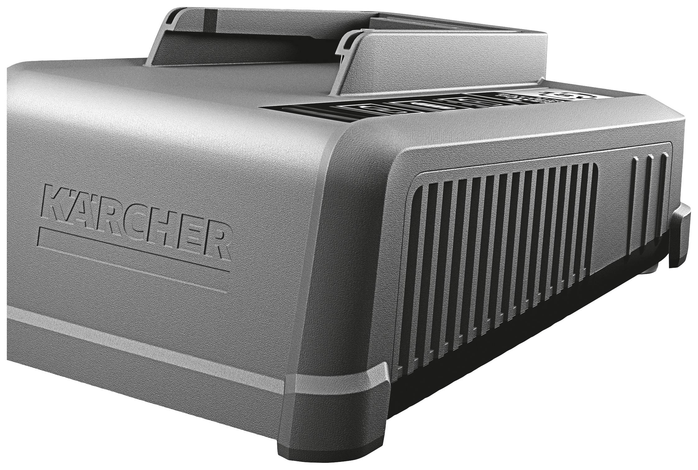 Een grijze Kärcher-oplader, compact en robuust, geschikt voor het opladen van compatibele accustofzuigers of andere apparaten.