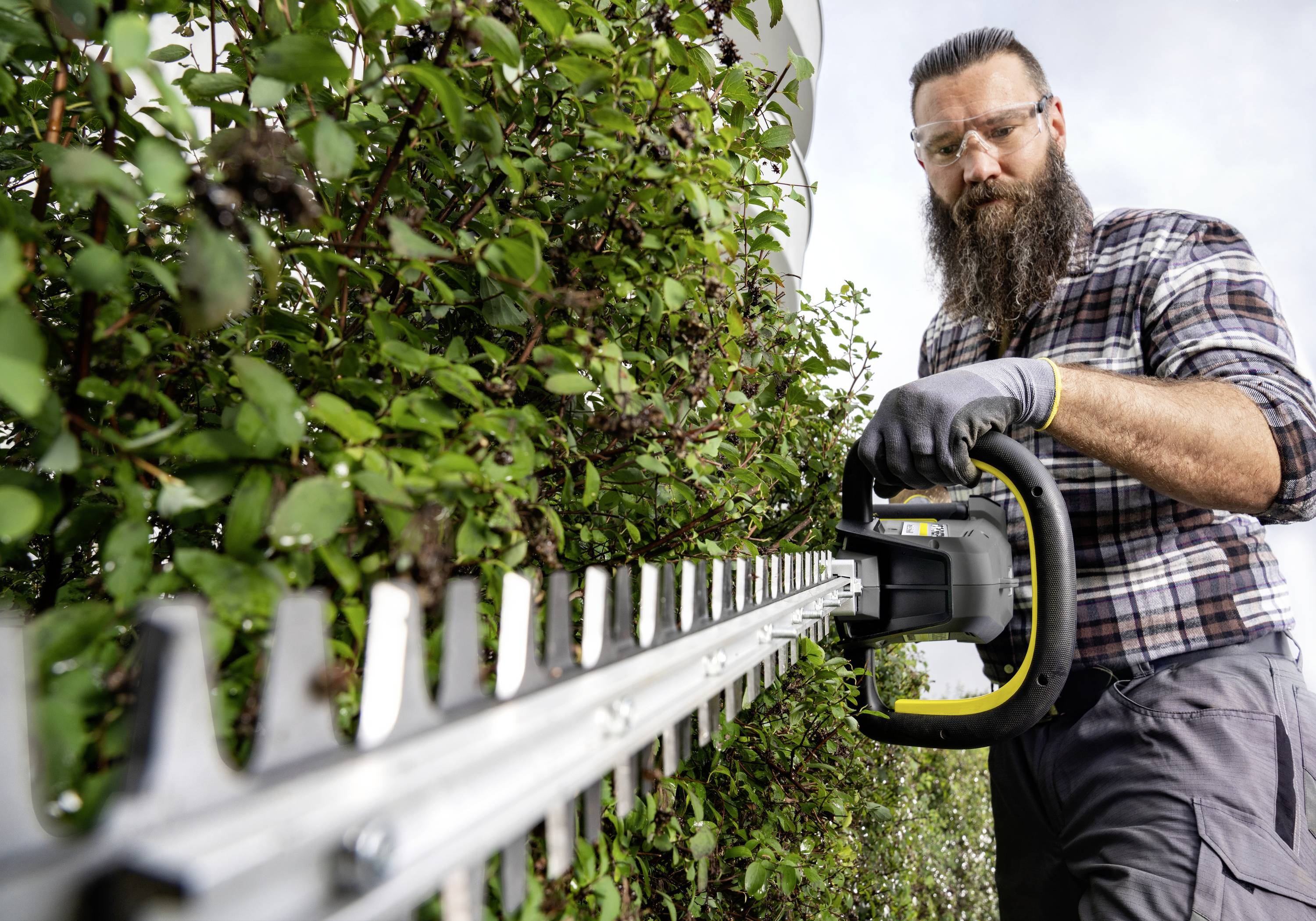 Een persoon met een baard knipt met een elektrische heggenschaar een dichte, groene haag. Hij draagt een veiligheidsbril en handschoenen.