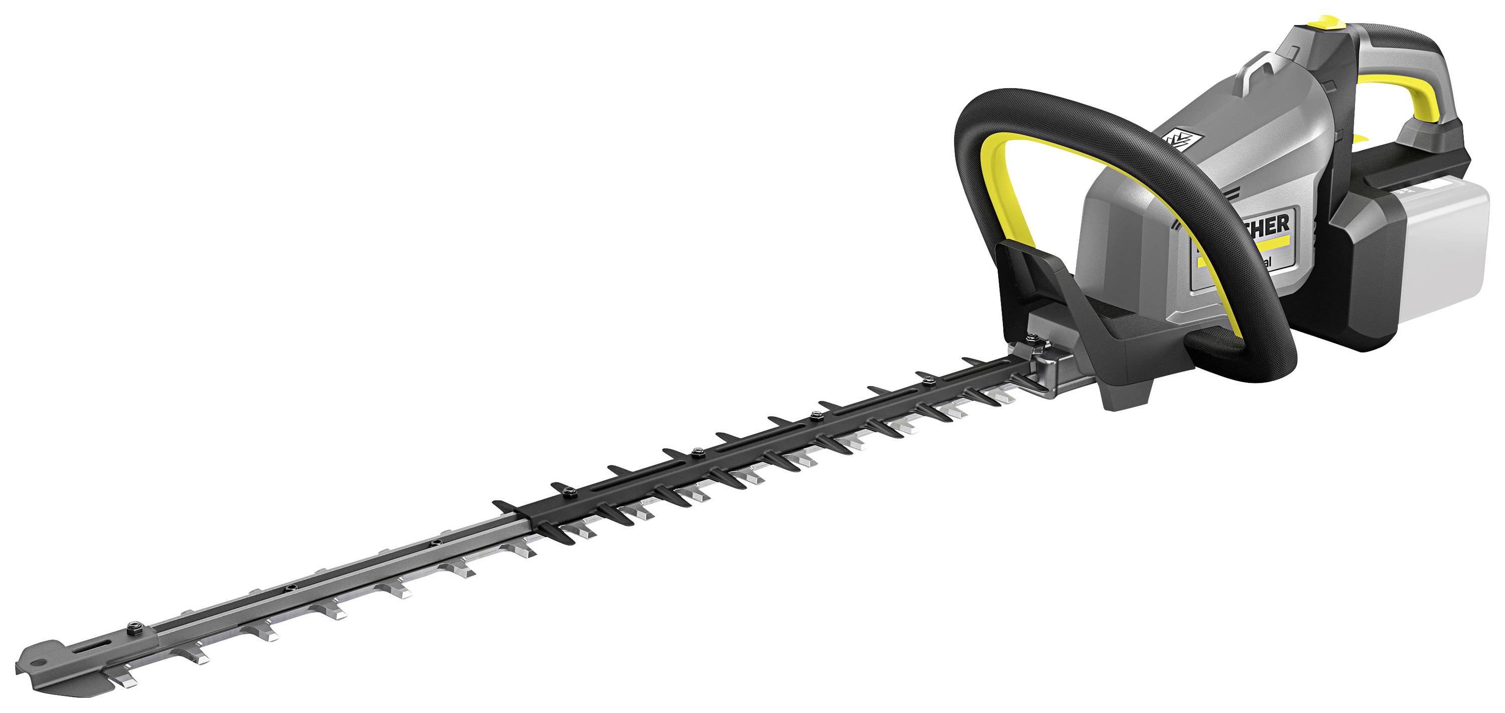 'Accu-heggenschaar van Kärcher met ergonomische handgreep en lang snijmes, ideaal voor tuinonderhoud.'
