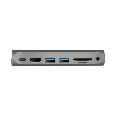 Een dockingstation met aansluitingen: USB-C, HDMI, twee USB-A, SD-kaartlezer, MicroSD-kaartlezer en 3,5-mm-audioaansluiting.