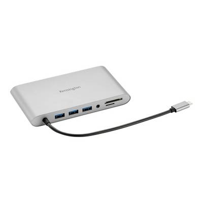 Een zilveren USB-C-hub met drie USB-poorten, een SD-kaartslot en een aansluitkabel, geschikt voor laptop-uitbreidingen.