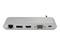 Zilveren adaptertoestel met aansluitingen: LAN, 2x HDMI, VGA en USB-C. Geschikt voor laptop- of pc-verbindingen.