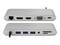 Twee zilveren dockingstations met verschillende aansluitingen: Ethernet, HDMI, VGA, USB-C, 3x USB-A en een SD-kaartlezer.