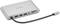 Platte, zilveren USB-hub met drie USB-poorten, een audio-aansluiting en een geheugenkaartsleuf. Voorzien van een USB-C-kabel.