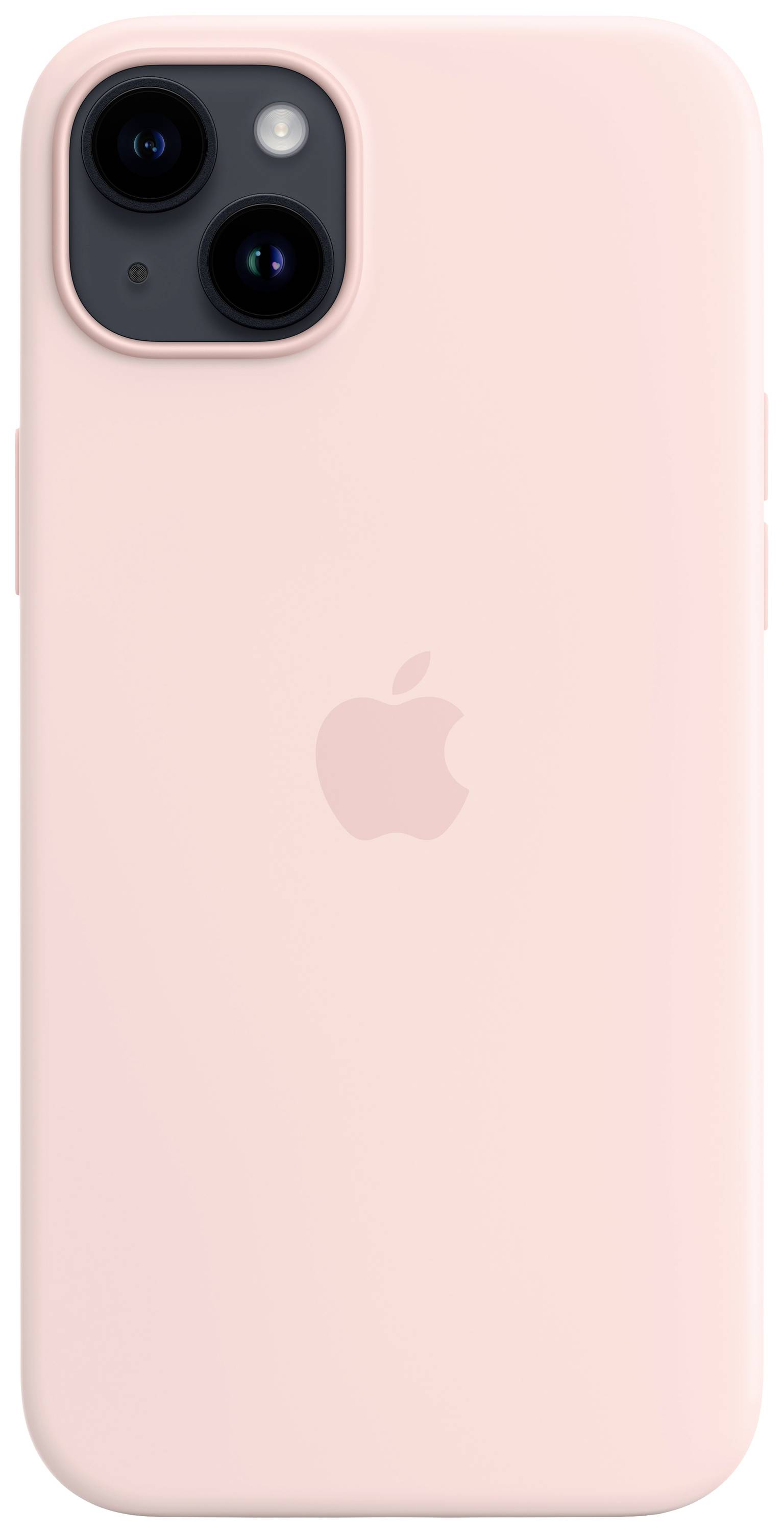 Een roze smartphone met twee camera's aan de achterkant en een Apple-logo in het midden.