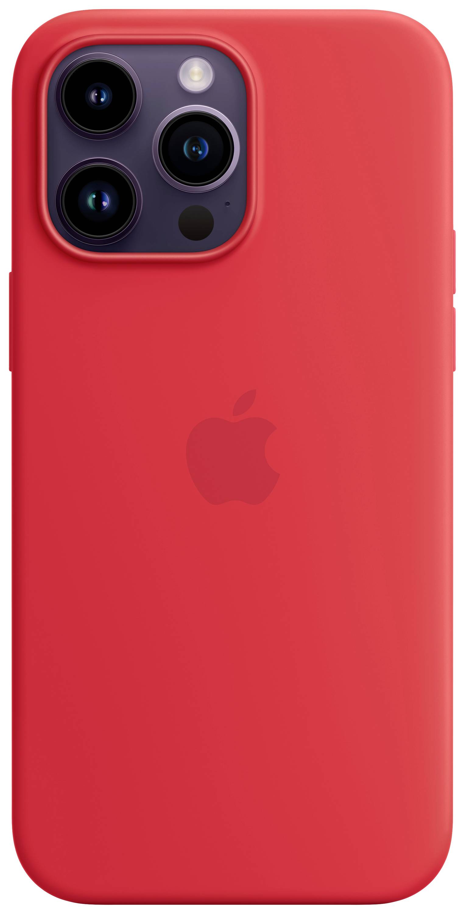 Een rood smartphone met een appel-logo aan de achterkant, toont een driedubbele camera linksboven.