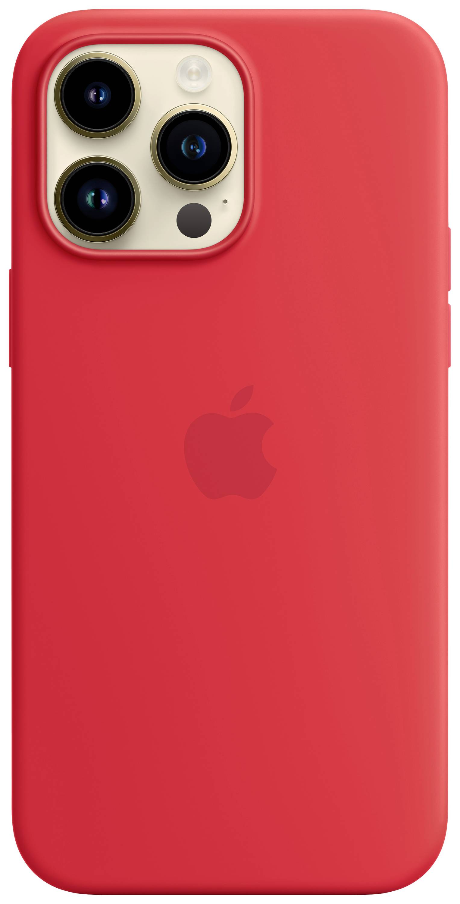Een smartphone in een rode hoes met het logo van een aangebieten appel aan de achterkant. Het toestel heeft drie cameralenzen.