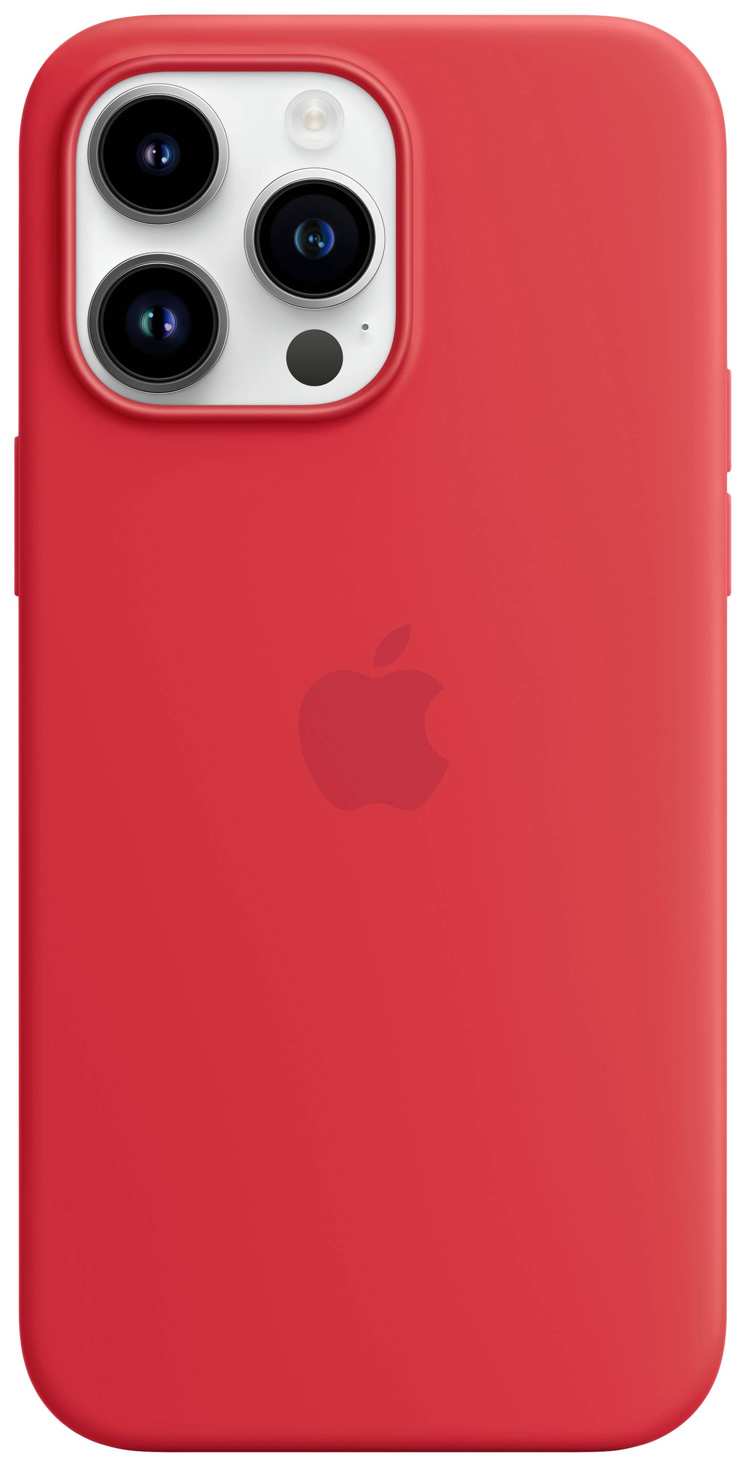 Een rode smartphone met drie cameraleindsen aan de achterkant en een Apple-logo in het midden.