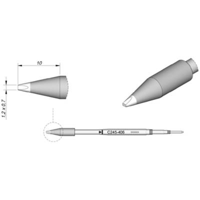 Soldeerpunt in detail: Afmetingen 10 mm lengte, 12 x 0,7 mm doorsnede. Modelnummer 'C245-406'. Geschikt voor precisielassen.