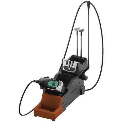 Ski-binding met hefboomмеханismen en kabellusjes, voornamelijk in het zwart en oranje uitgevoerd, voor veilig skiën.
