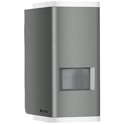 Wandgemonteerde buitenlamp met bewegingssensor, rechthoekig, modern design in grijs, voor automatische verlichting bij bewegingsdetectie.