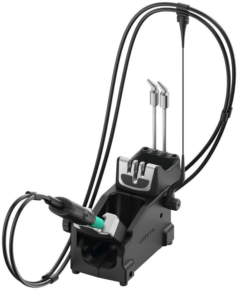 Een metalen onderdeel dat accessoires bevat zoals een kabelhouder en twee haken die in verschillende richtingen wijzen.