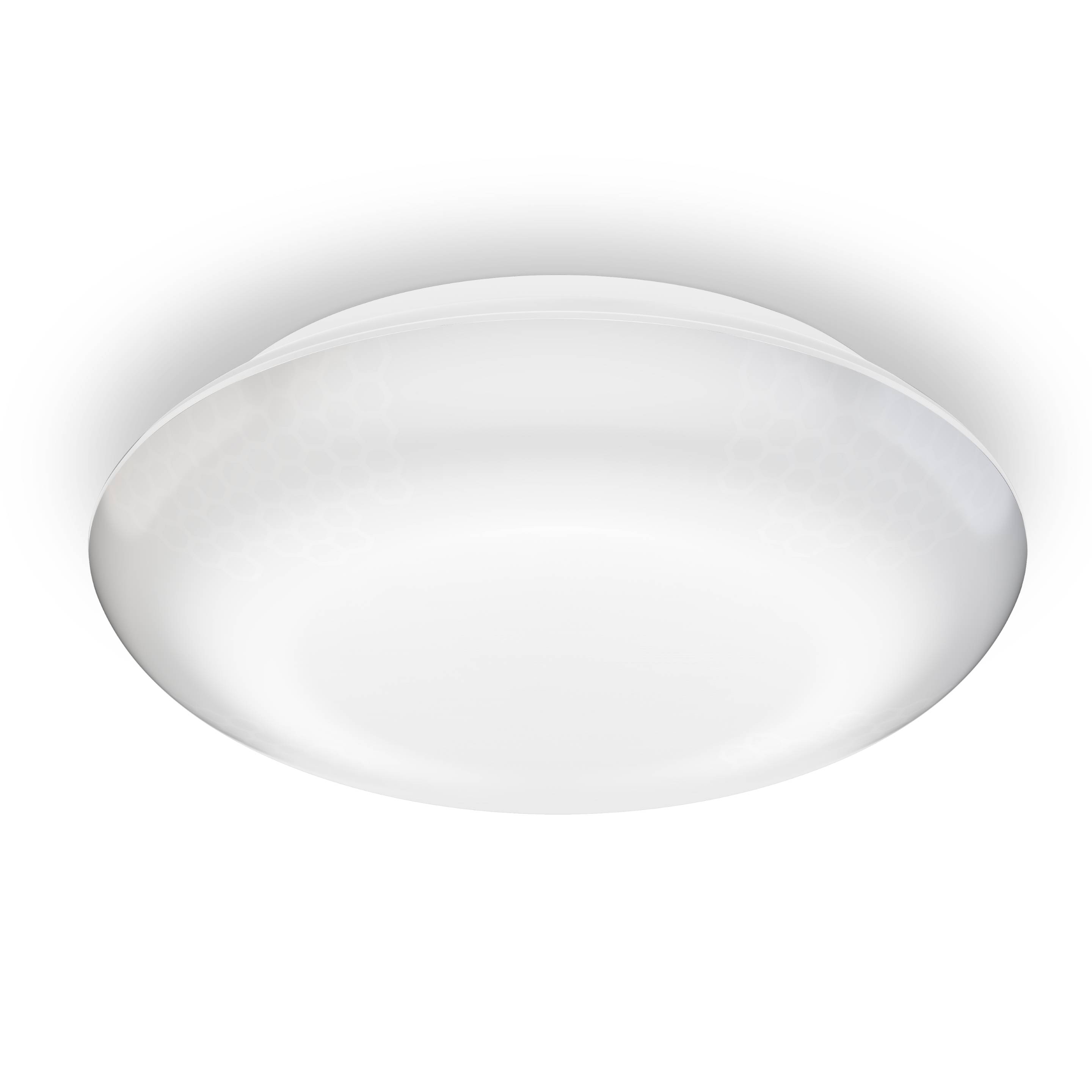 Witte ovale plafondlamp met zachte gloed op een eenvoudige achtergrond.