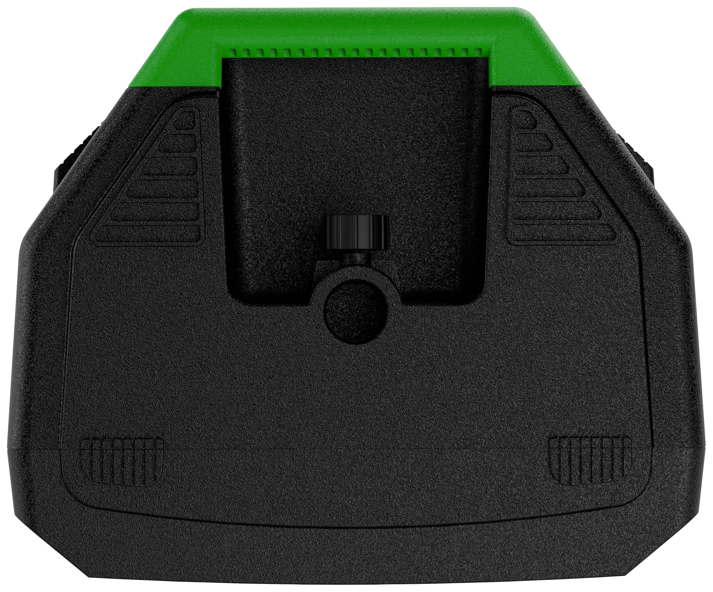 Een zwart, trapeziumvormig voorwerp met een groene bovenkant en gestructureerde oppervlakken, mogelijk een elektronisch apparaataccessoire.