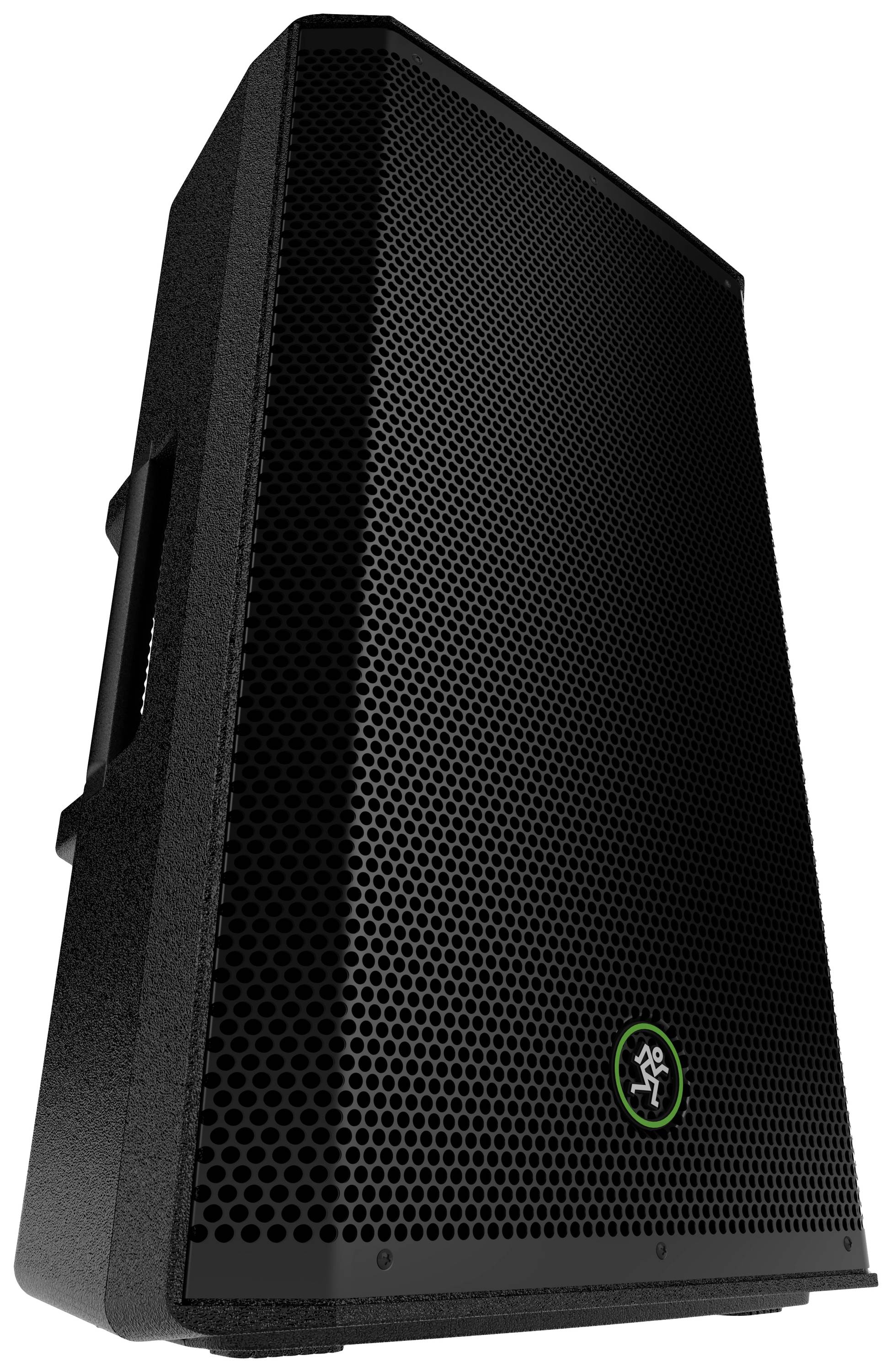 Zwarte luidspreker met logo en draaggreep, licht schuin geplaatst. Hoogwaardig model voor heldere geluidskwaliteit.