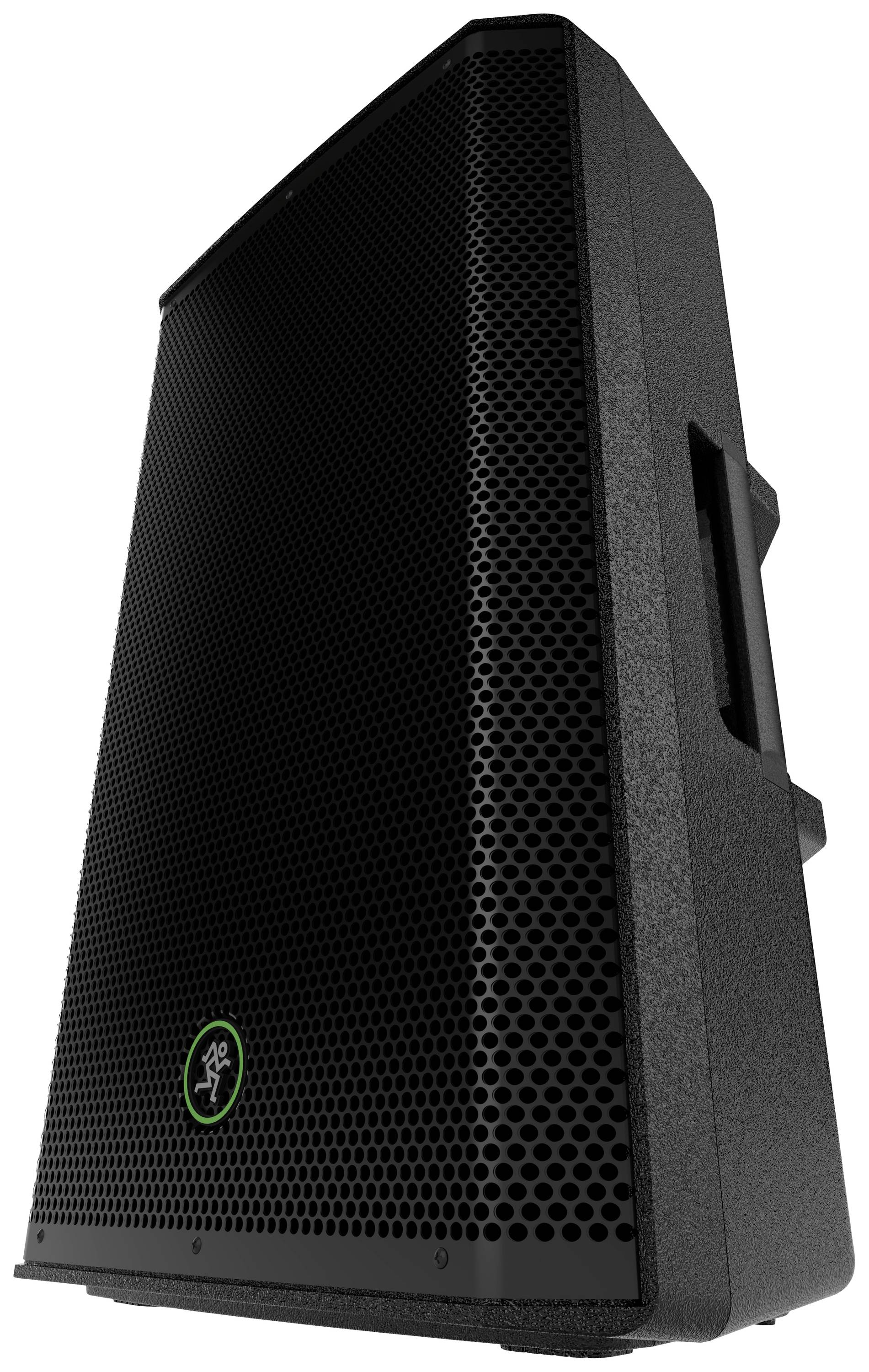 Luidspreker met zwart rooster en groen logo in de linkeronderhoek, gezien van opzij met een handgreep.