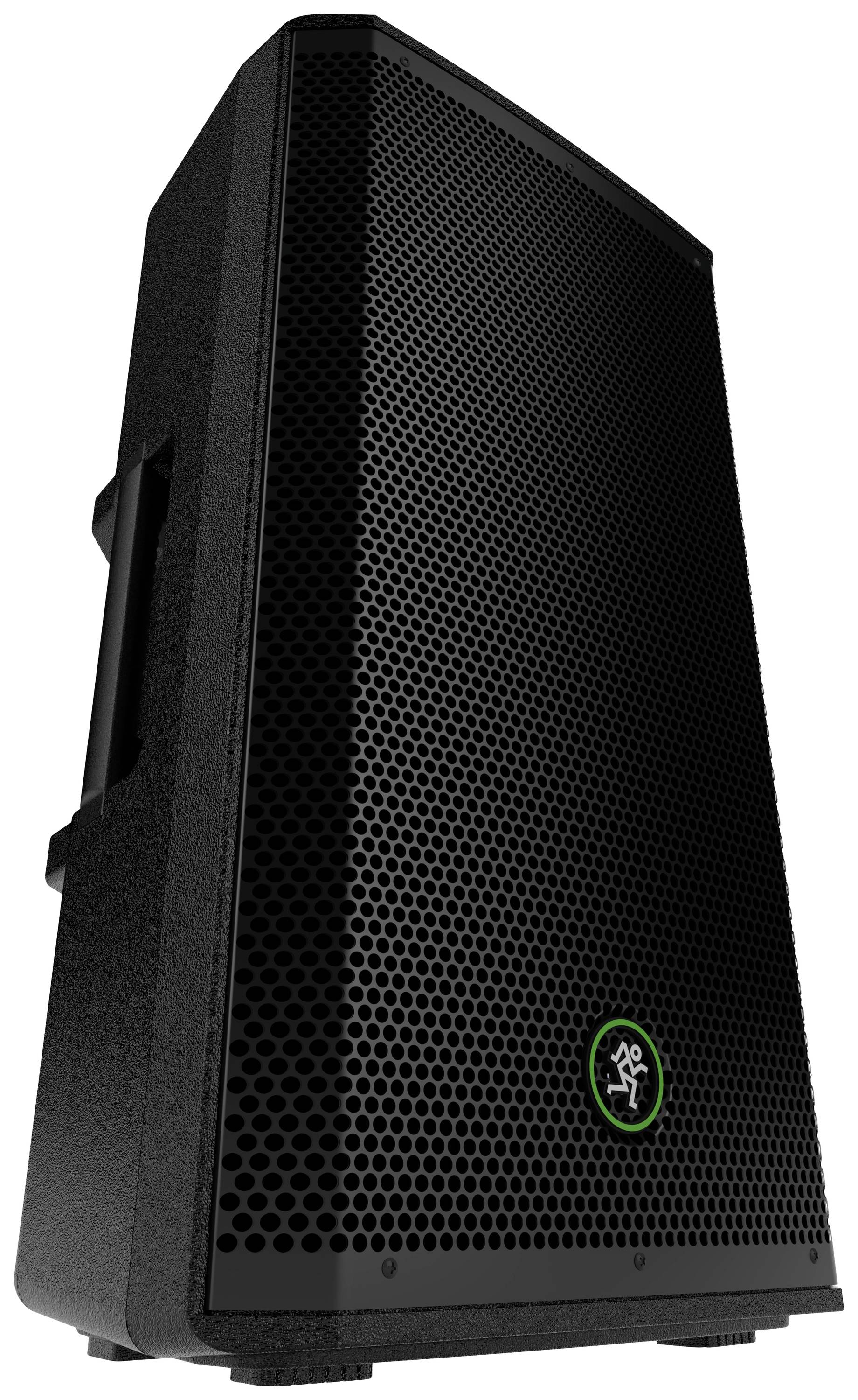 Zwarte luidspreker met rasterrooster en groen logo in het midden, staat schuin en heeft een handgreep aan de zijkant.