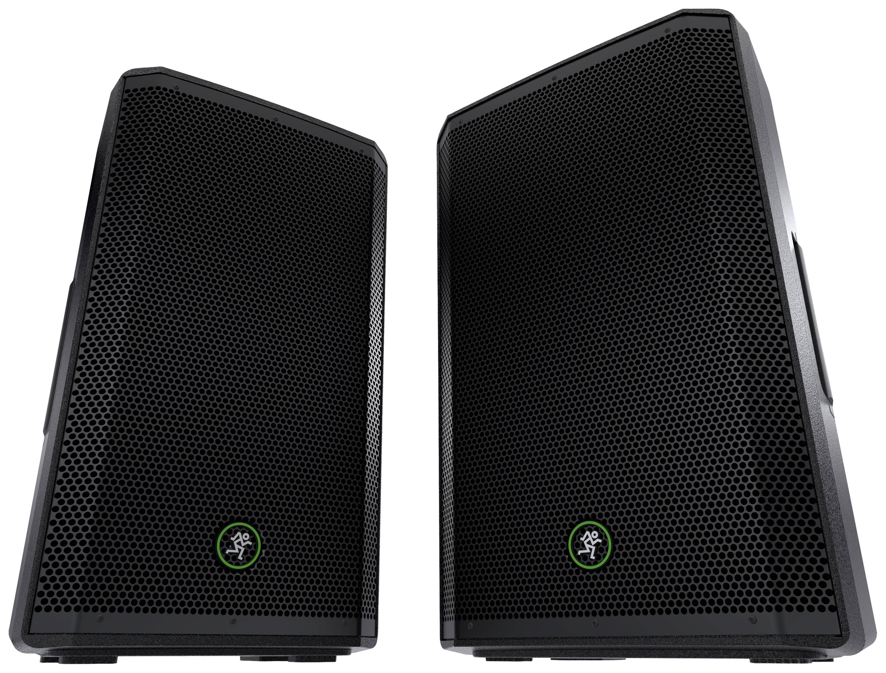 Twee zwarte luidsprekers met een groen logo, frontaal uitgelijnd. Ze hebben een robuust roosterontwerp en staan naast elkaar.