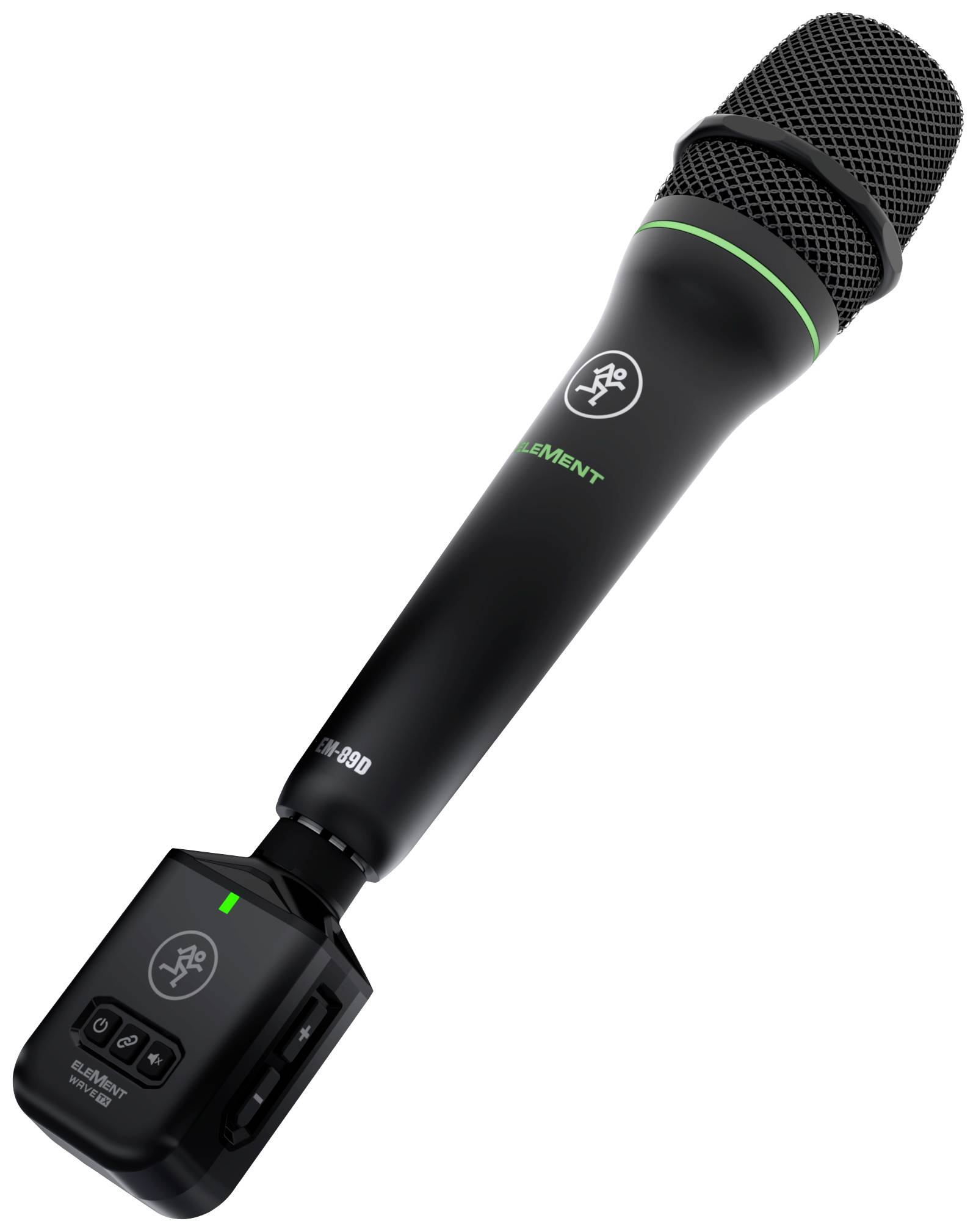 Zwart microfoon met groene details, grote kop en digitaal bedieningspaneel. Geschikt voor podium- en studiodoeleinden.