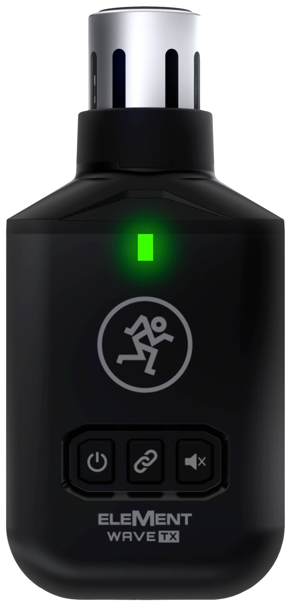 Een draagbaar communicatieapparaat met een groene lichtindicator bovenaan, een noodstopsymbool in het midden en drie toetsen daaronder.
