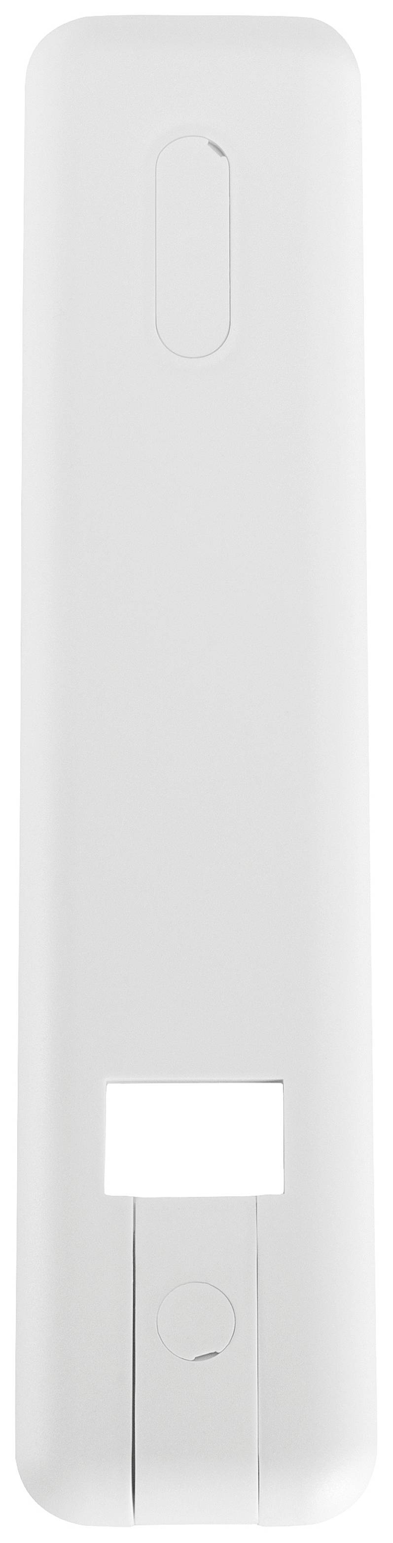 Een rechthoekig, langwerpig wit plastic onderdeel met een kleine ovale knop bovenaan en een rechthoekige uitsparing onderaan.