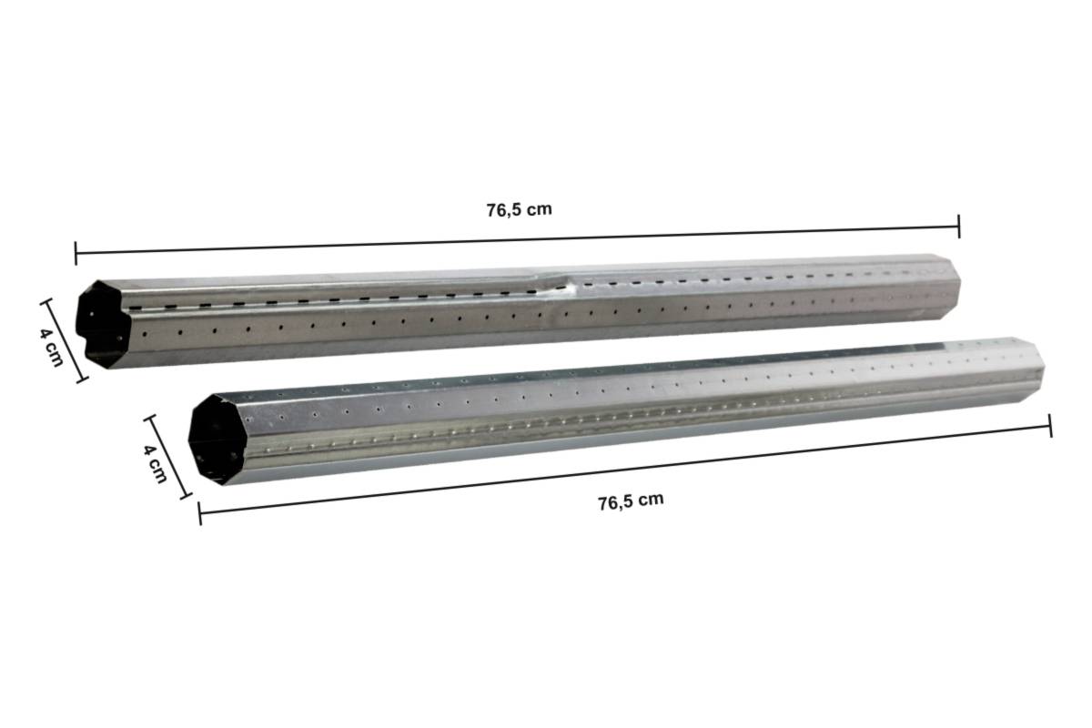 Twee zilveren metalen staven, 76,5 cm lang en 4 cm breed, liggen parallel. Maten zijn in de afbeelding aangegeven.