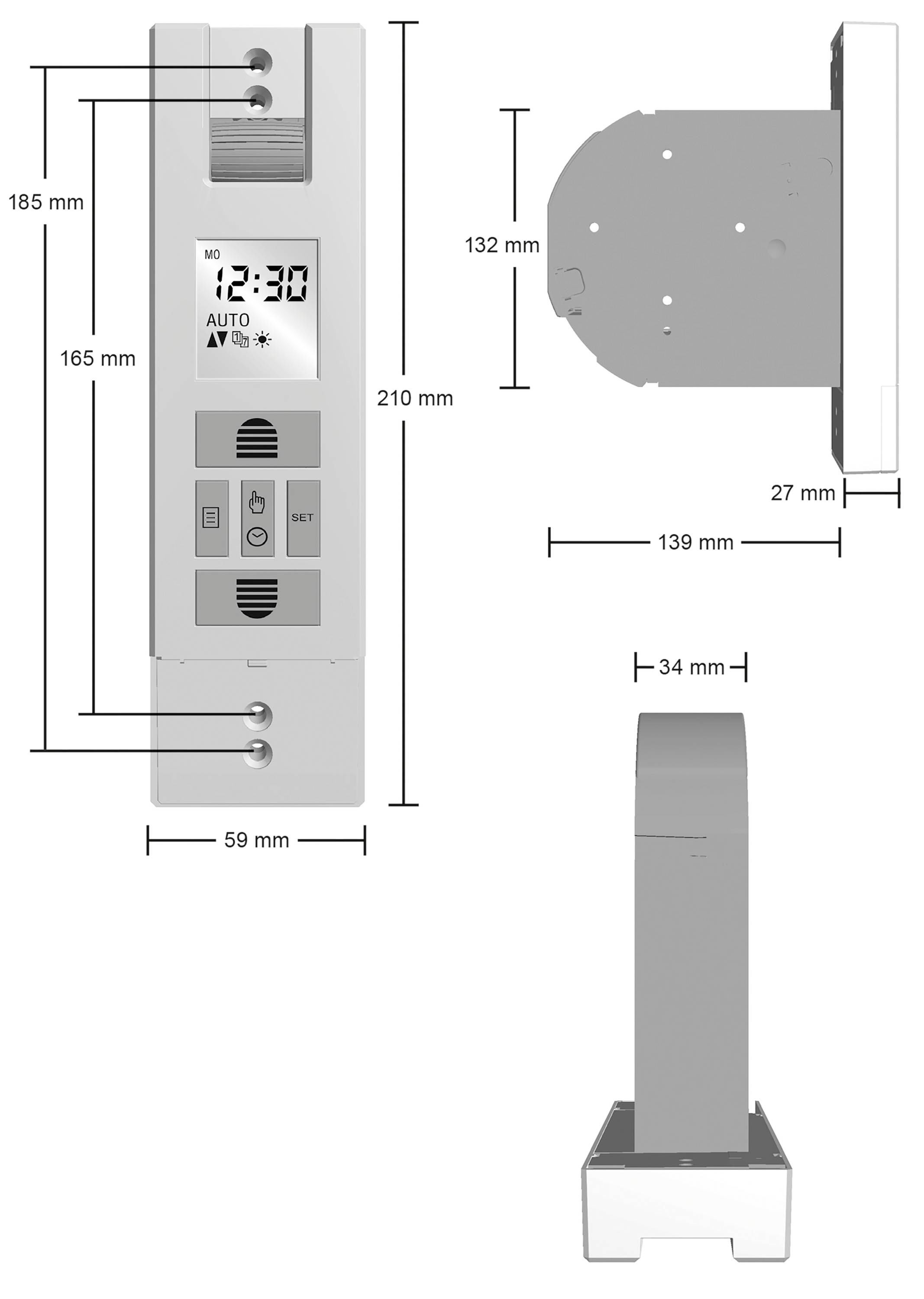 Digitaal apparaat met een display dat '12:30' weergeeft. Bevat knoppen en symbolen. Afmetingen zijn 185 mm x 59 mm aan de voorkant; aan de zijkant 210 mm hoog.