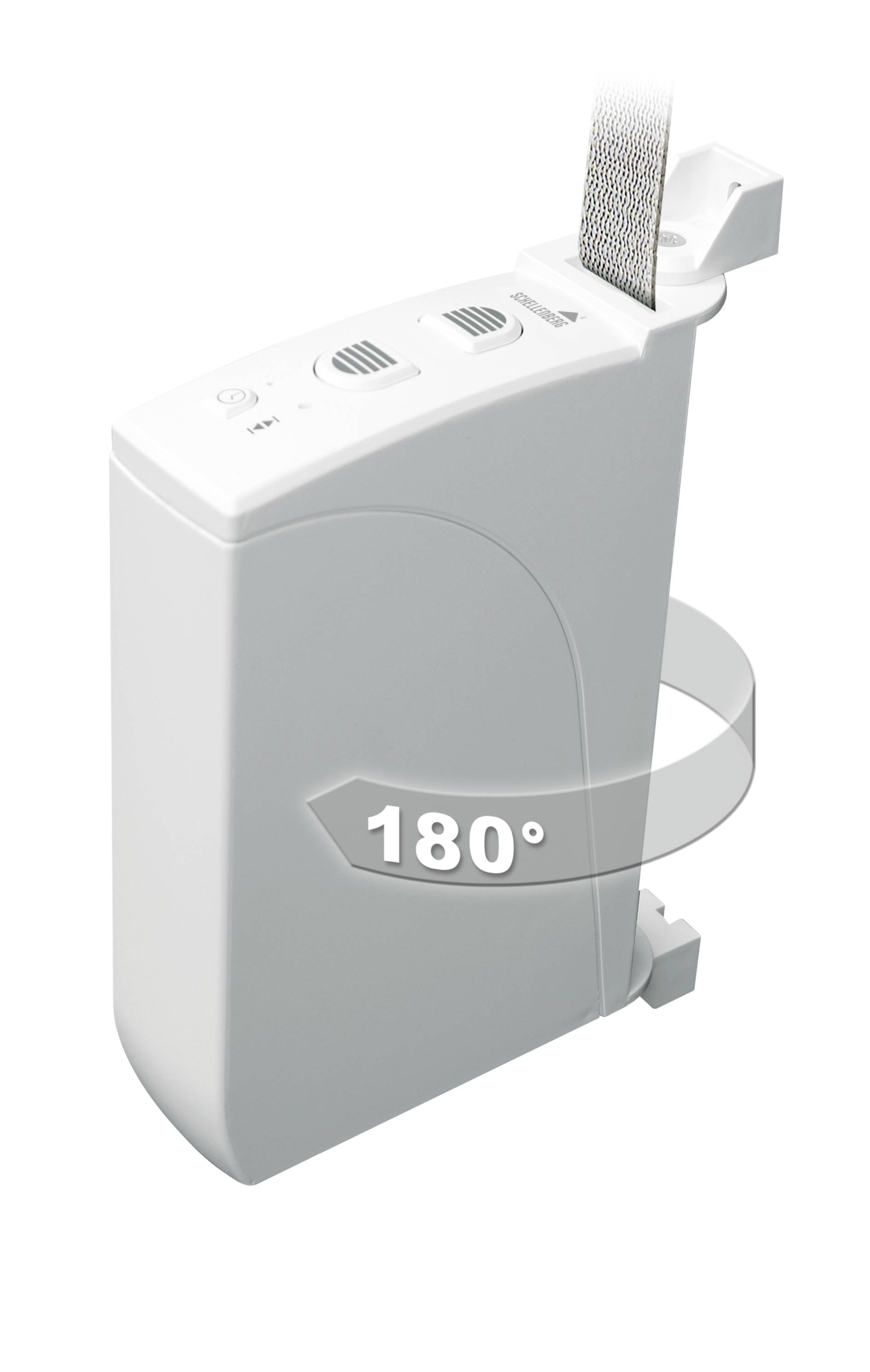 Een witte, rechthoekige rolluikmotor met 180-graden draaimogelijkheid. Bovenaan bevindt zich een riem die in de inrichting wordt gevoerd.