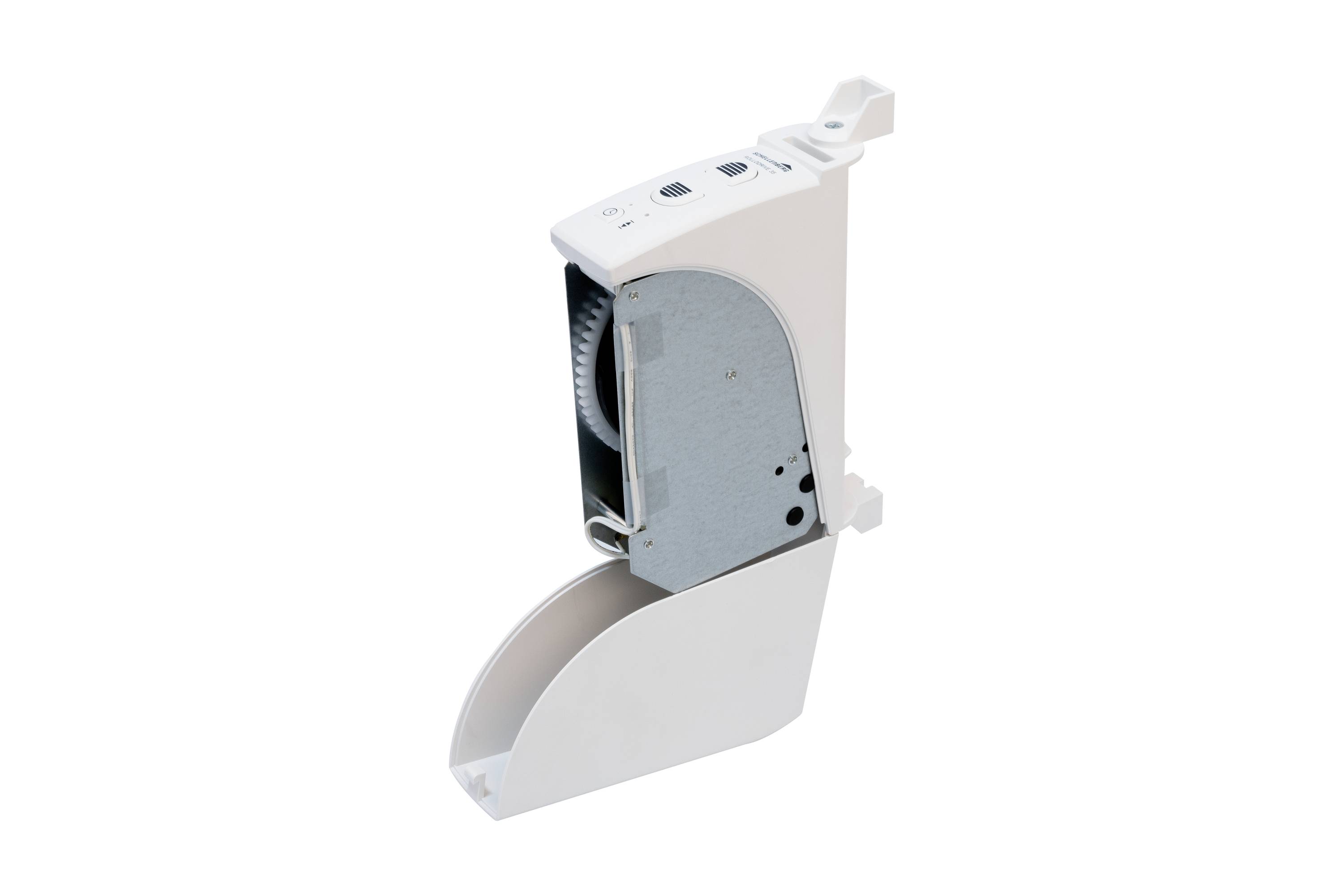 Automatische gordelversteller in uitgeklapte toestand tegen een witte achtergrond, toont behuizing en mechaniek.