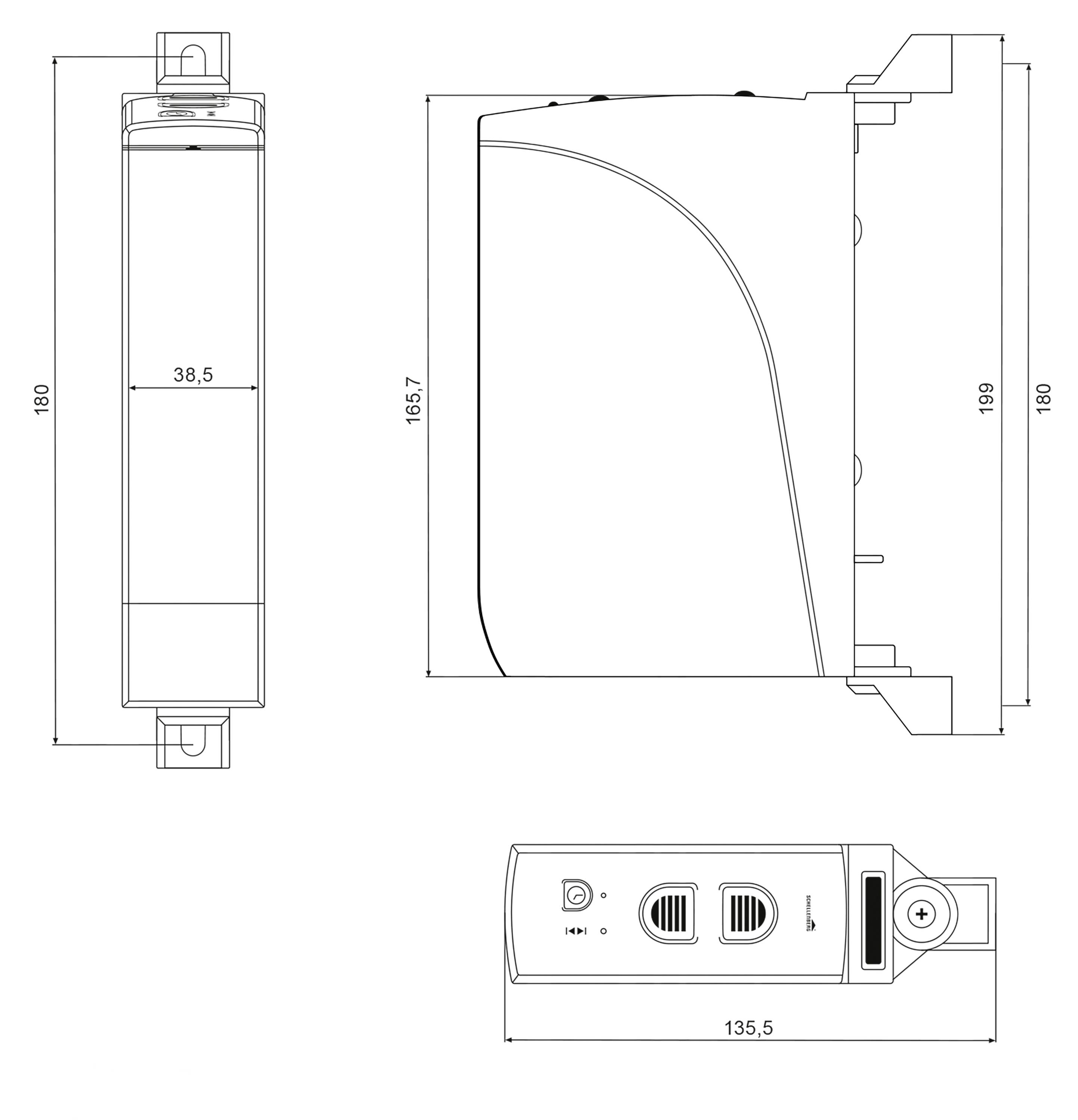 Technische tekening van een rechthoekig apparaat met drie aanzichten: zijaanzicht, vooraanzicht en bovenaanzicht, met afmetingen in millimeters.