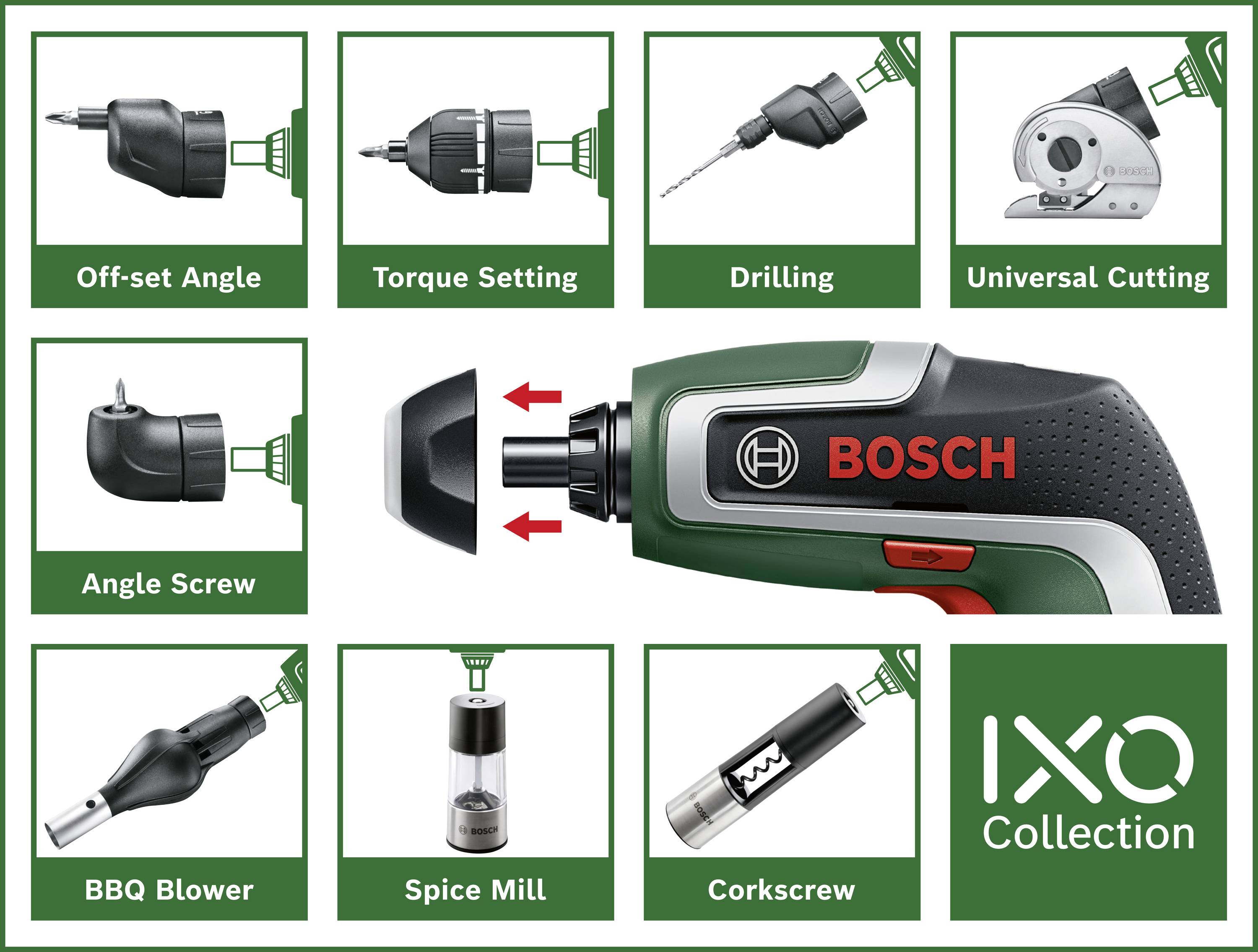 Bosch IXO Collection: Grafiek toont negen opzetstukken voor de accuschroevendraaier, waaronder boor- en snijfuncties en een kurkentrekker.