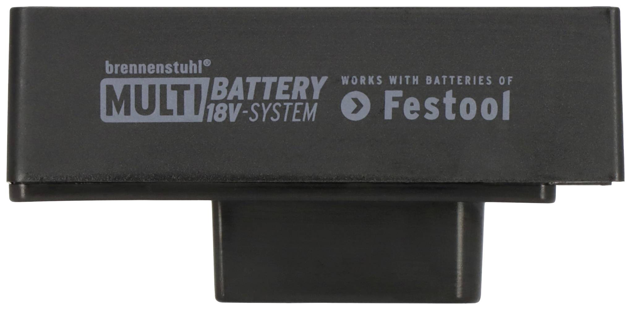 Een zwarte oplader met de tekst 'brennenstuhl MULTI BATTERY 18V-SYSTEEM'. Compatibel met Festool-batterijen.