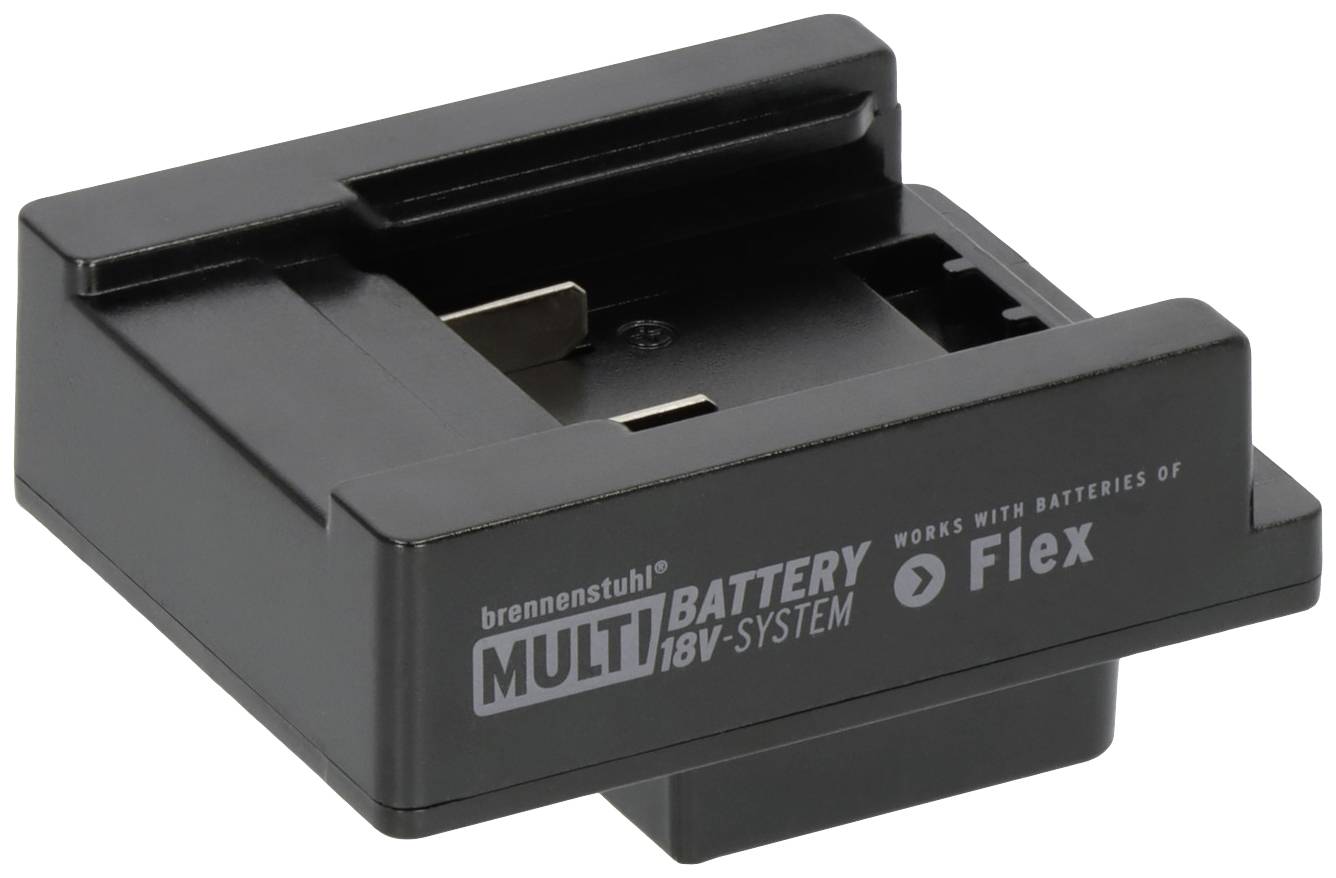 Adapter voor het 18V Brennenstuhl Multi Battery Systeem, compatibel met Flex-batterijen. Zwart, rechthoekig design.