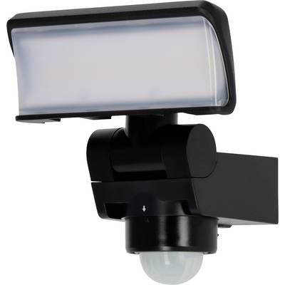 Zwarte buitenbeveiligingslamp met bewegingssensor met twee lampenkoppen en een koepelvormige sensor op een montagebeugel