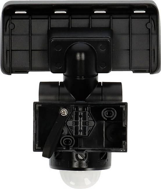 Een zwarte buitenlamp met LED en geïntegreerde bewegingssensor, rechthoekig van vorm, geschikt voor wandmontage buitenshuis.