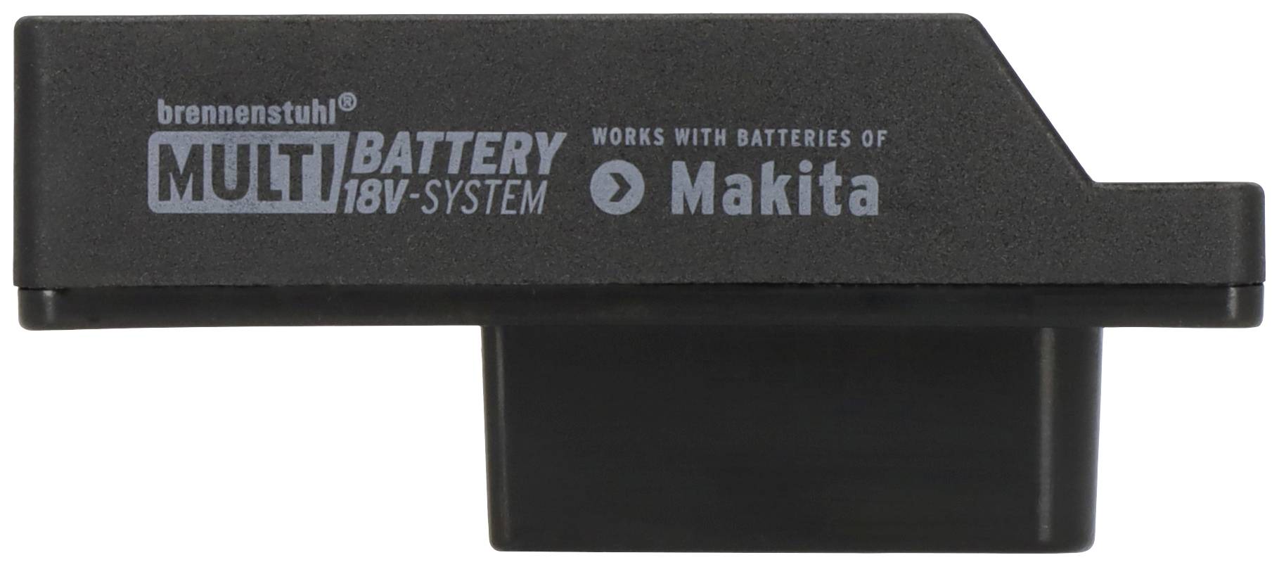 Adapter voor het MULTIBATTERY 18V-SYSTEEM, compatibel met Makita-batterijen, van brennenstuhl. Zwart design met opdruk.