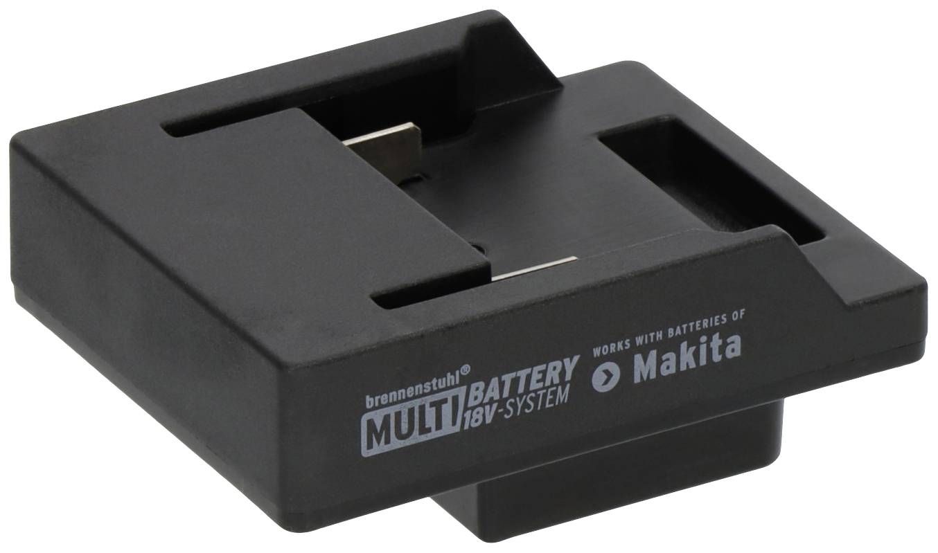 Adapter voor het Brennenstuhl Multi Battery 18V-systeem, compatibel met Makita-accu's. Strak, zwart design.