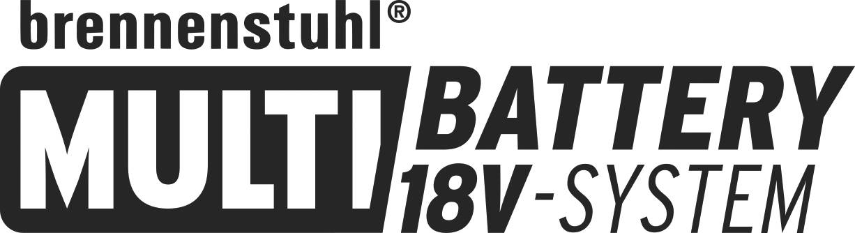 Logo met de tekst 'brennenstuhl MULTI BATTERY 18V-SYSTEEM' in zwart op een witte achtergrond.